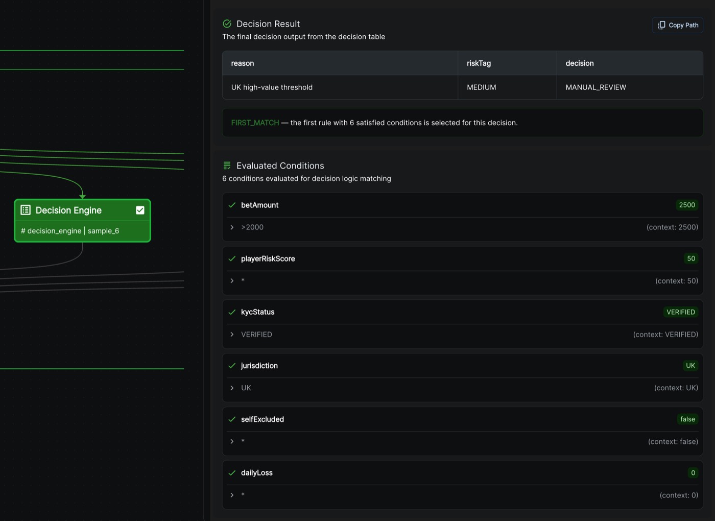 Decision table execution results and evaluated conditions